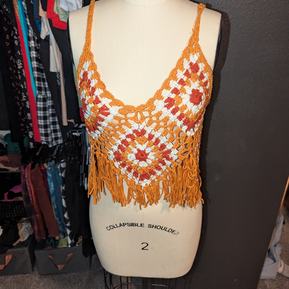 Crochet Fringe Crop Top - Orange and White
